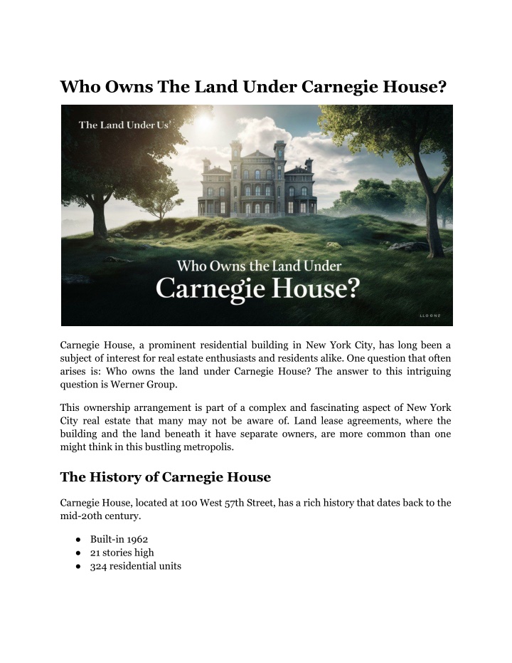 who owns the land under carnegie house n.w