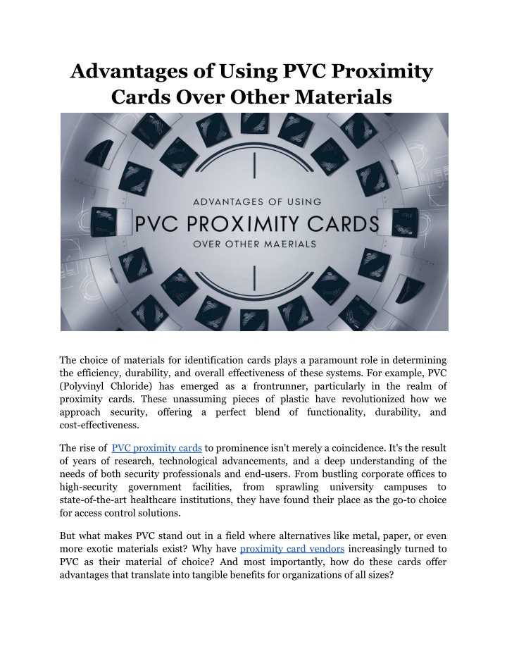 advantages of using pvc proximity cards over n.w