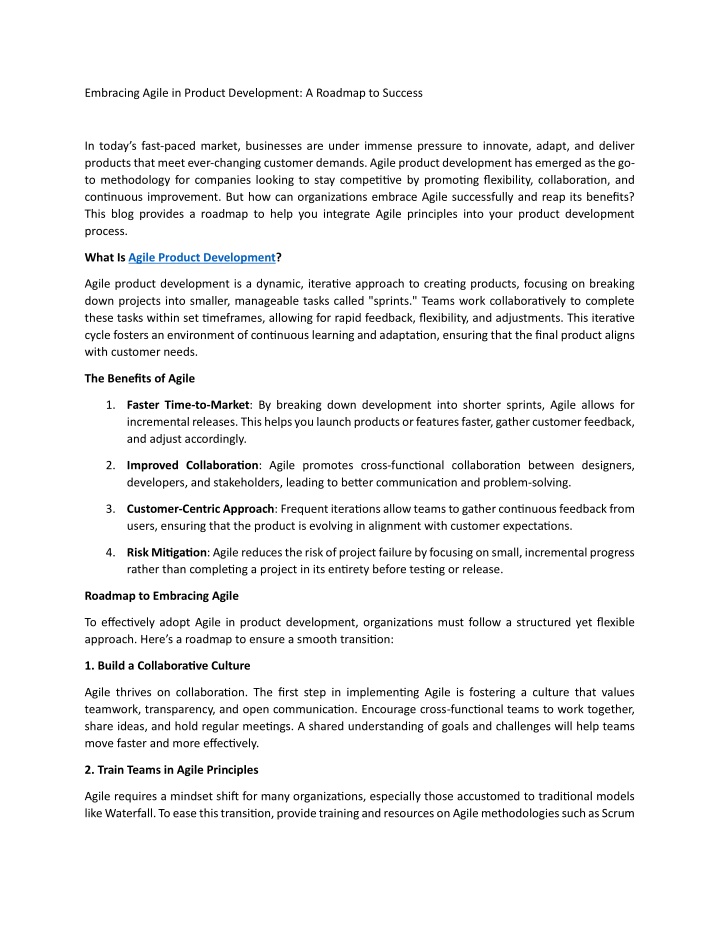embracing agile in product development a roadmap n.w