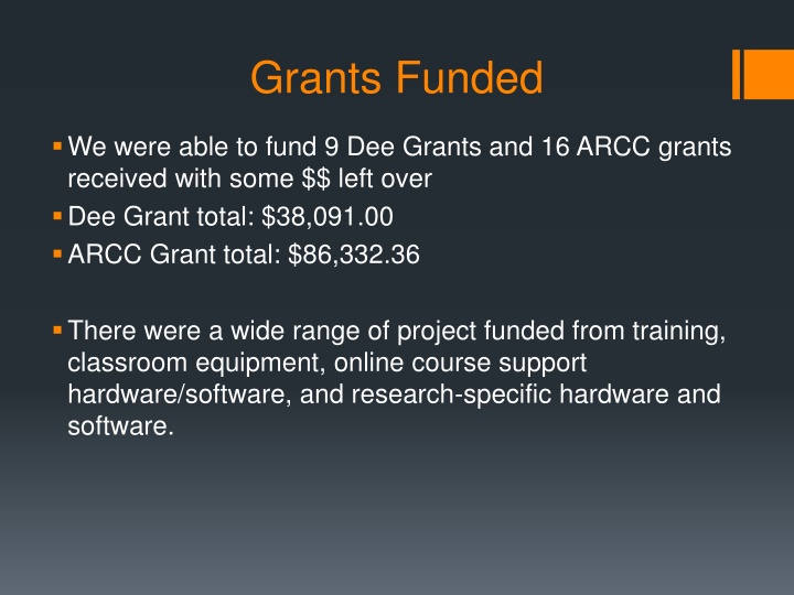 Funding Summary for Dee and ARCC Grants