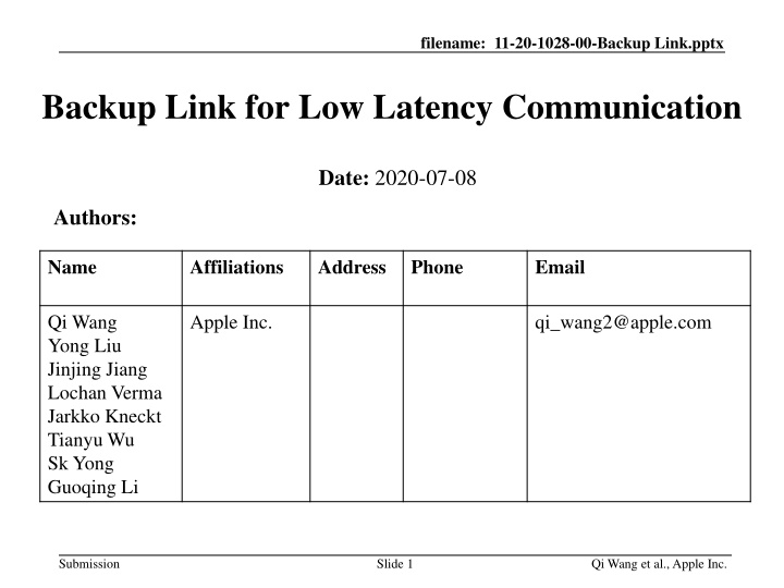 Backup Link Establishment for Low Latency Communication