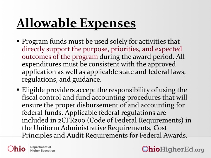Guidelines for Allowable and Not Allowable Expenses in Program Funding
