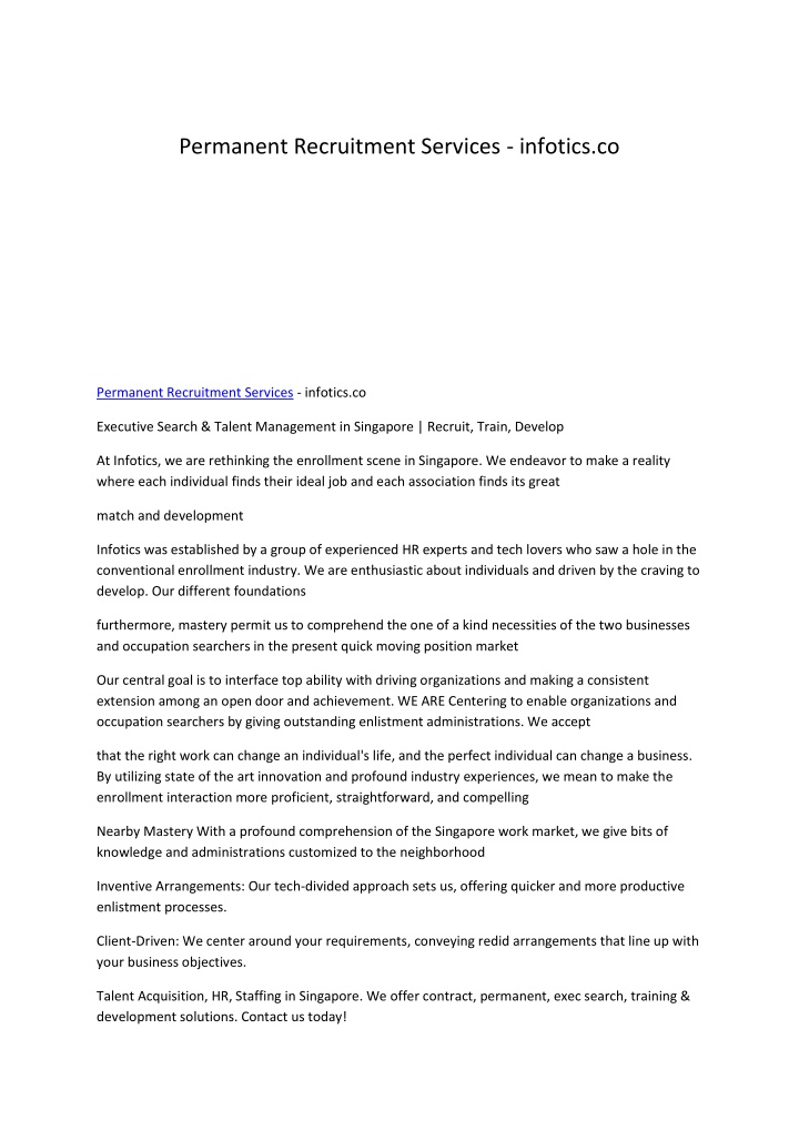 permanent recruitment services infotics co n.w
