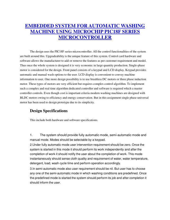 Embedded System for Automatic Washing Machine using Microchip PIC18F Series Microcontroller