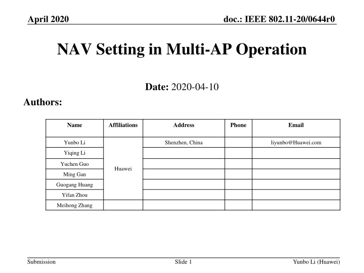 IEEE 802.11-20/0644r0 NAV Setting in Multi-AP Operation