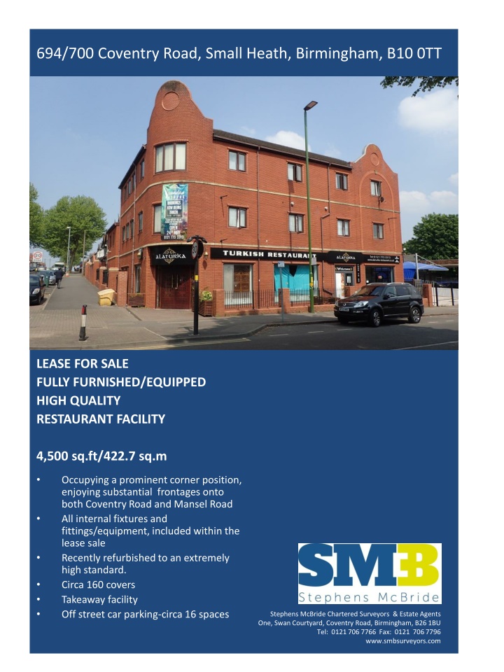 Fully Furnished Restaurant Lease for Sale in Birmingham