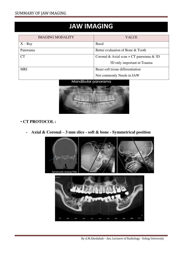 Comprehensive Overview of Jaw Imaging Modalities and Pathologies