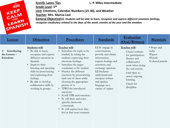 Spanish Lesson Plan for Intermediate 5th Grade: Emotions, Calendar, Numbers, and Weather
