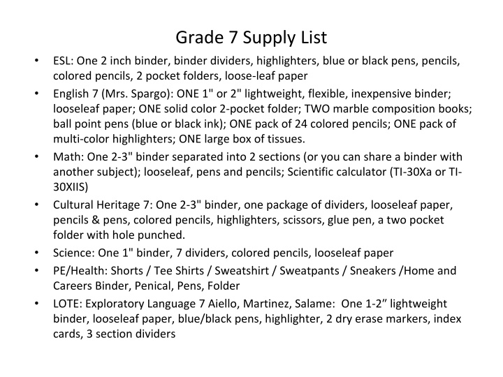 School Supply Lists for Grades 7, 8, and 9