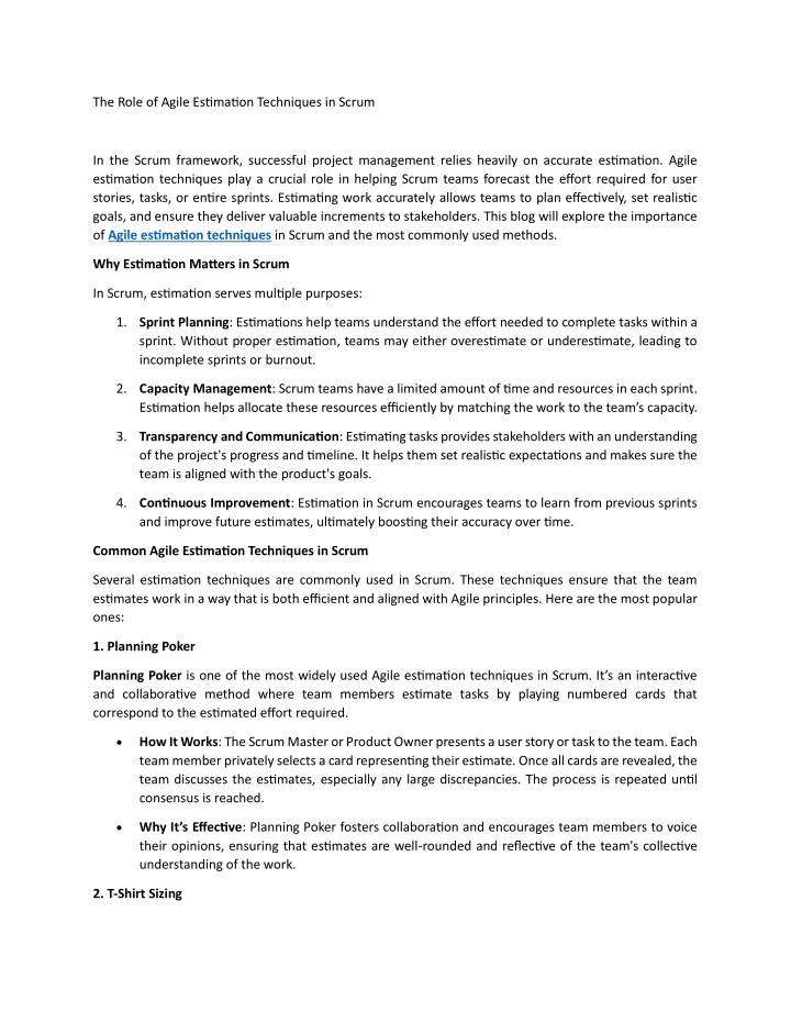 the role of agile estimation techniques in scrum n.w