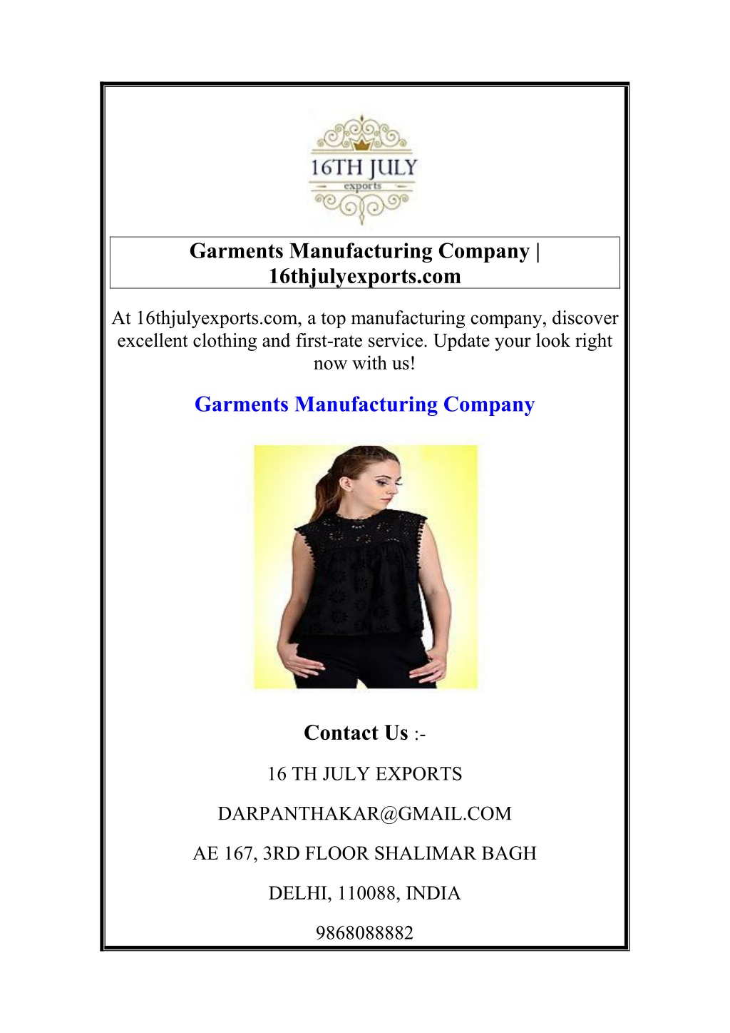 garments manufacturing company 16thjulyexports com l.w