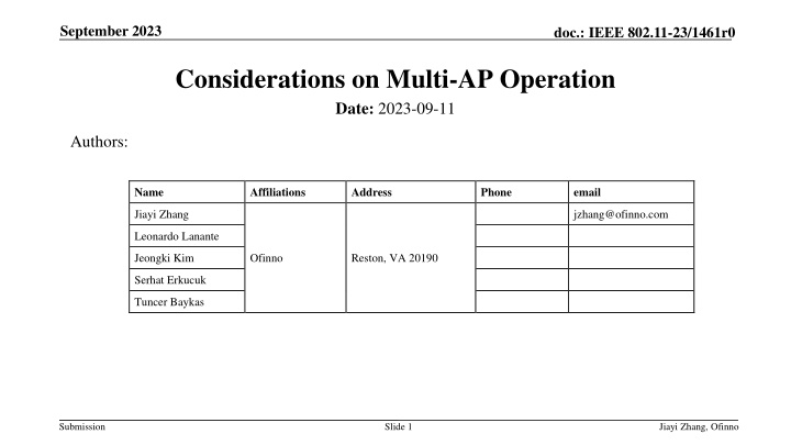 Considerations on Multi-AP Operation in IEEE 802.11-23/1461r0