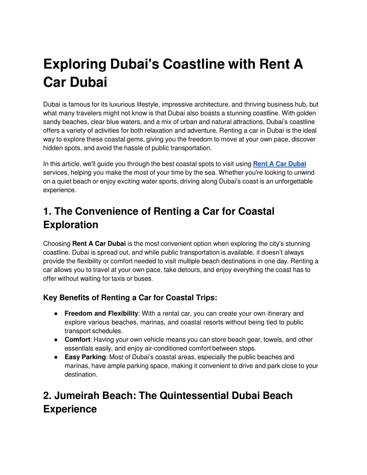 Exploring Dubai's Coastline with Rent A Car Dubai