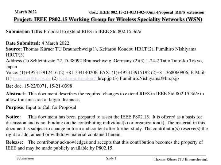 Proposal to Extend RIFS in IEEE Std. 802.15.3d/e for Longer Transmission Distances