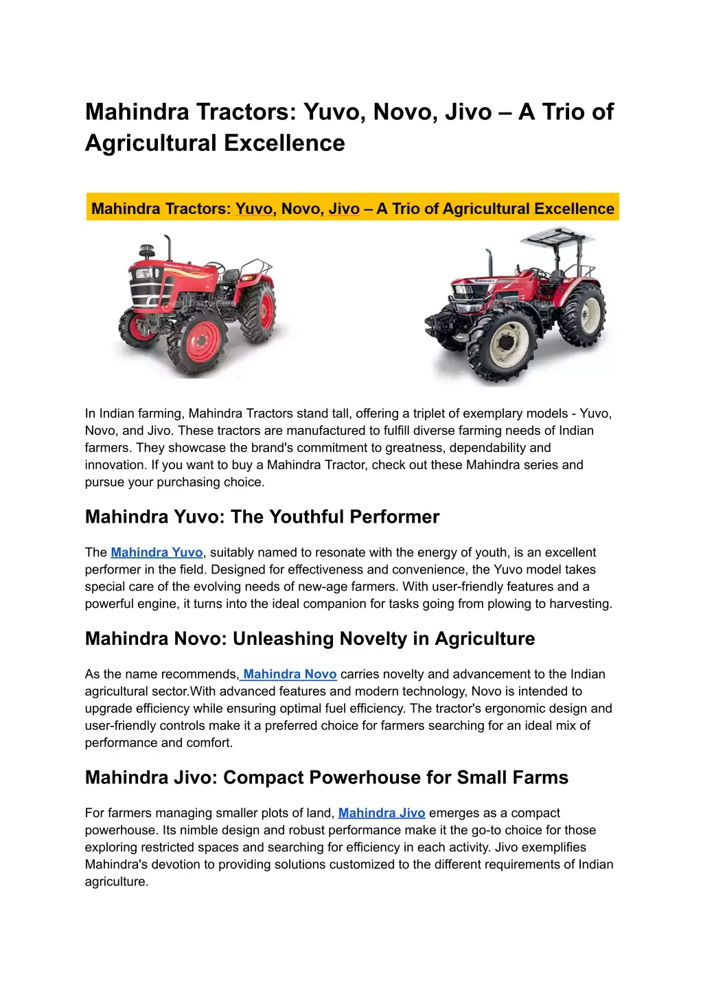 mahindra tractors yuvo novo jivo a trio n.