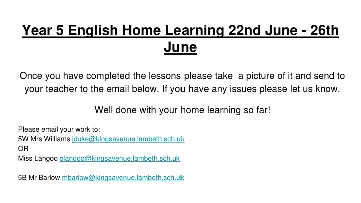 Year 5 English Home Learning - 22nd June to 26th June