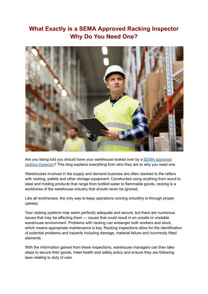 what exactly is a sema approved racking inspector n.w