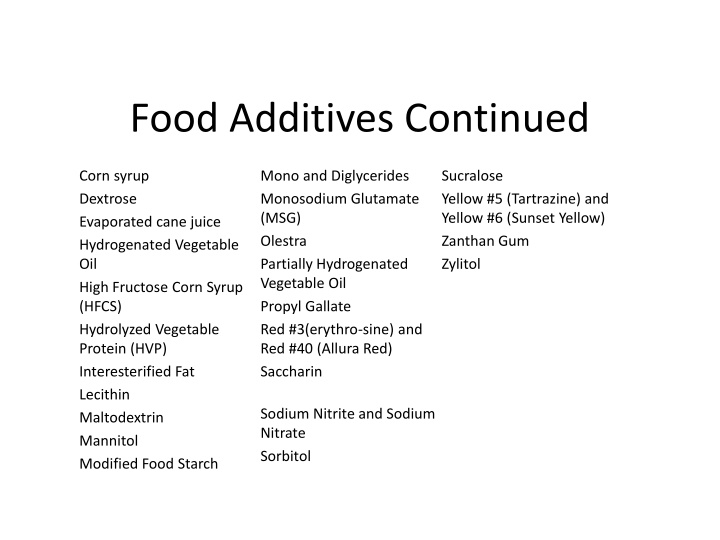 Common Food Additives: Corn Syrup, Dextrose, Evaporated Cane Juice, Hydrogenated Vegetable Oil