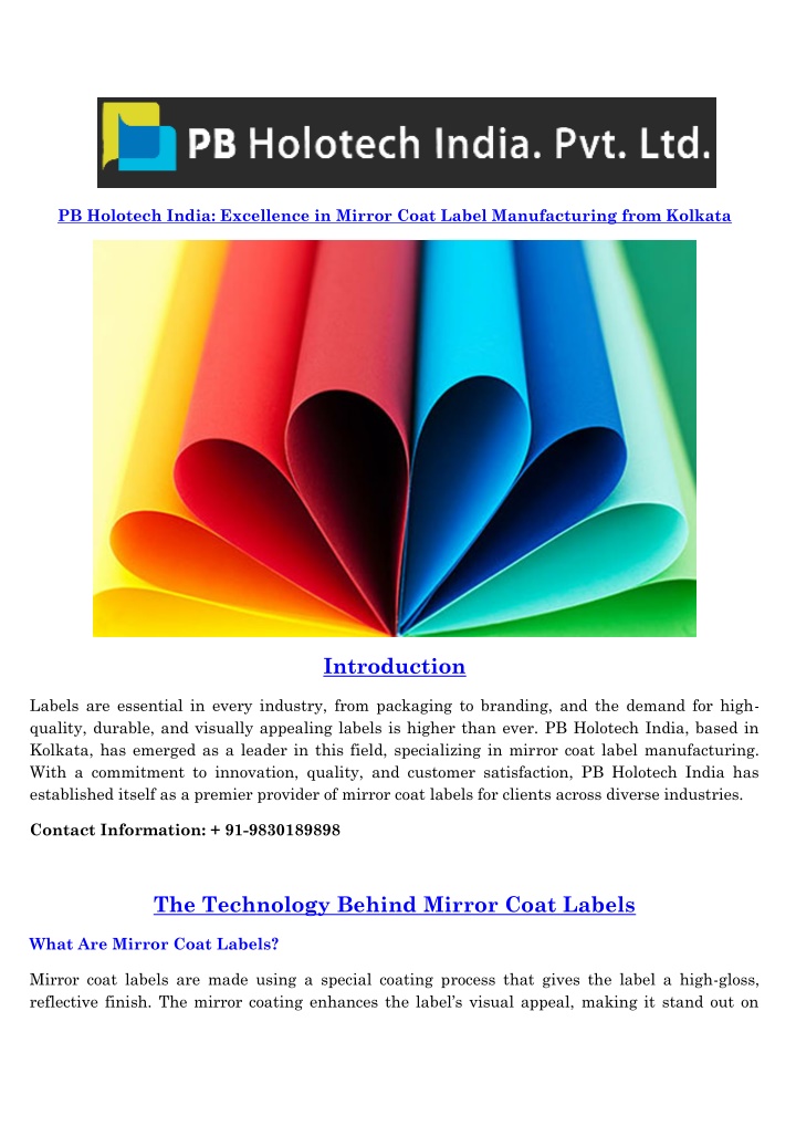 pb holotech india excellence in mirror coat label n.w
