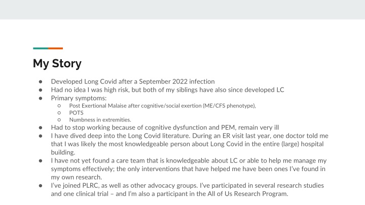Long Covid: Personal Experiences and Research Opportunities