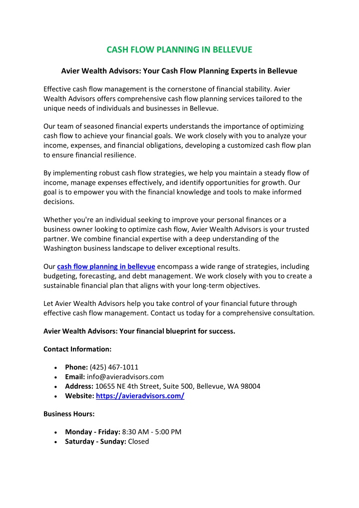 cash flow planning in bellevue n.w