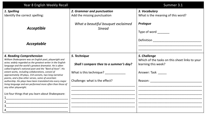 English Weekly Recall: Summer Activities