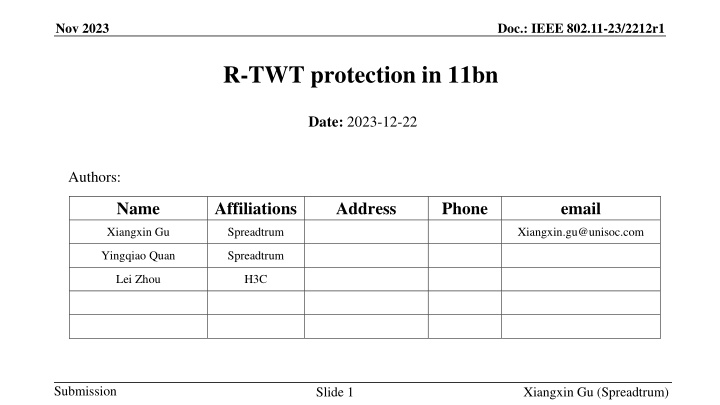 Proposal for R-TWT Protection in IEEE 802.11-23/2212r1 11bn