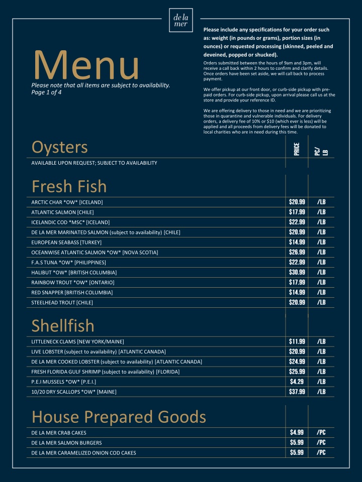 Fresh Seafood and House Prepared Goods Menu