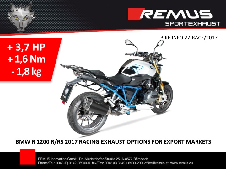 BMW R 1200 R/RS 2017 Racing Exhaust Options for Export Markets
