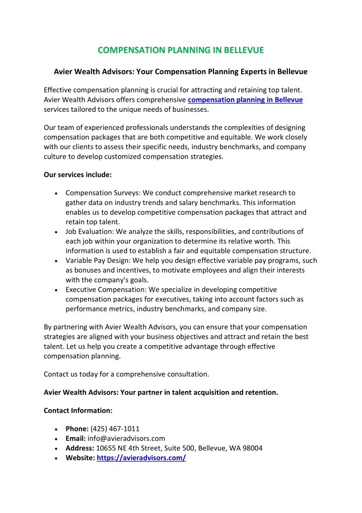 compensation planning in bellevue n.w