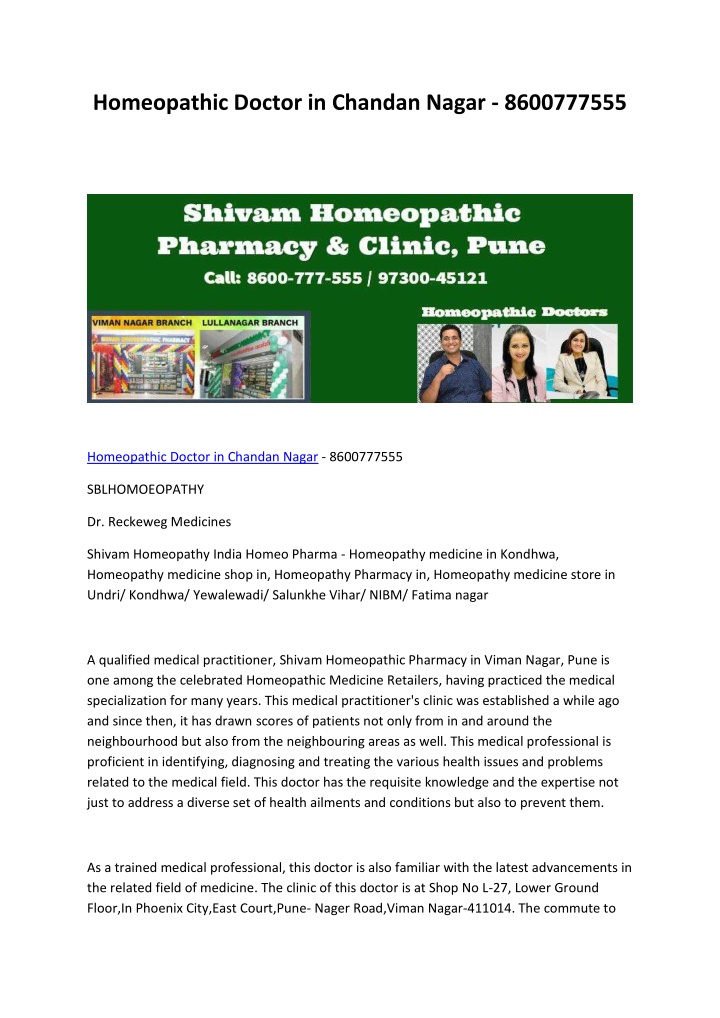 homeopathic doctor in chandan nagar 8600777555 n.w