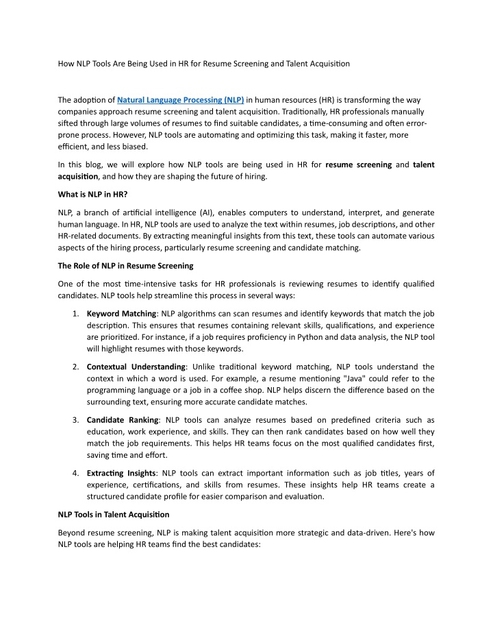 how nlp tools are being used in hr for resume n.w