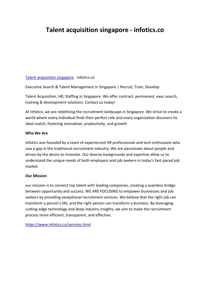 talent acquisition singapore infotics co n.w