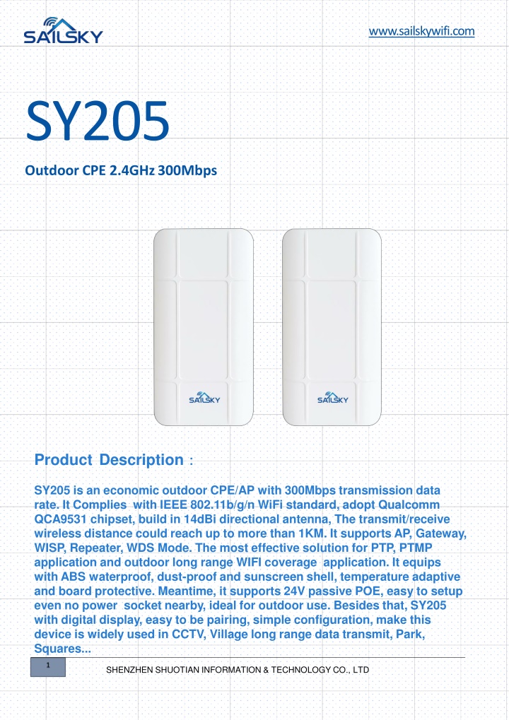 Economic Outdoor CPE/AP with 300Mbps Transmission - SY205