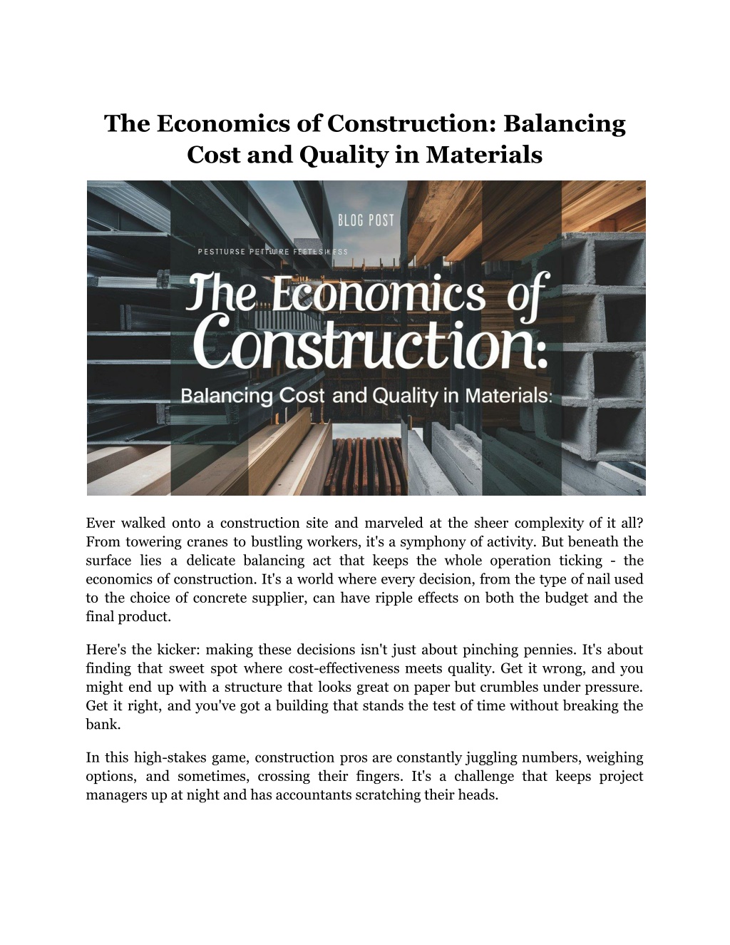 the economics of construction balancing cost l.w