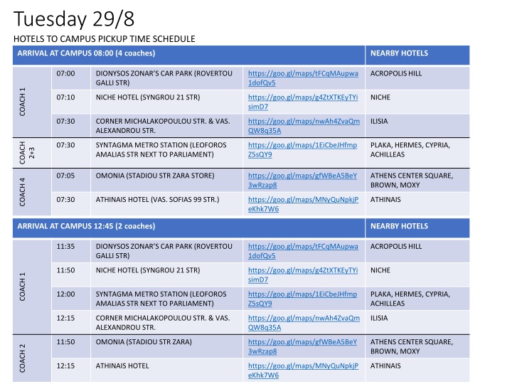 Shuttle Schedule for Hotels to Campus and City on 29th and 30th August