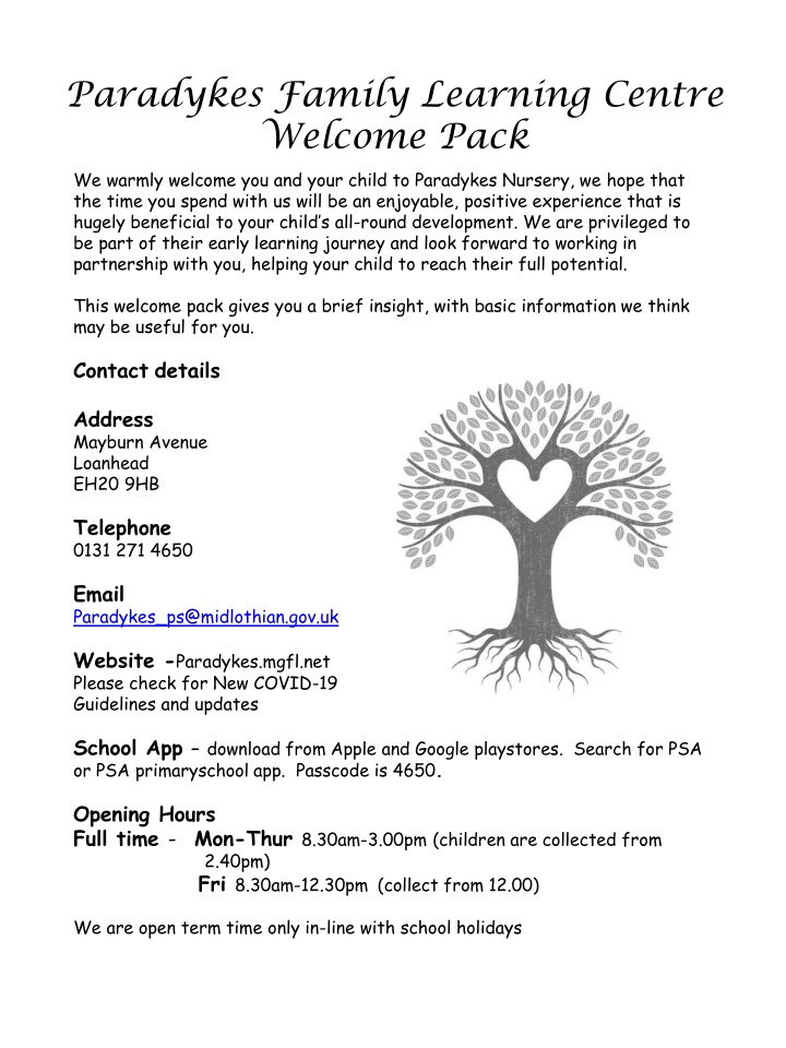 Paradykes Family Learning Centre Welcome Pack