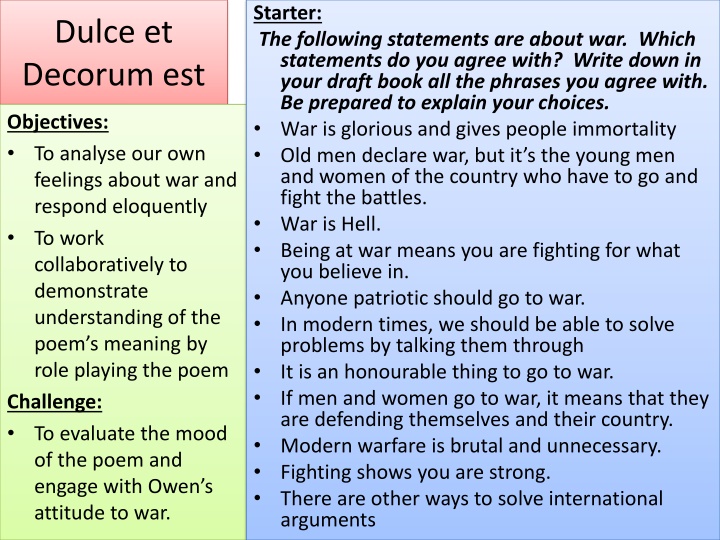 Exploring Wilfred Owen's Poem Dulce et Decorum Est