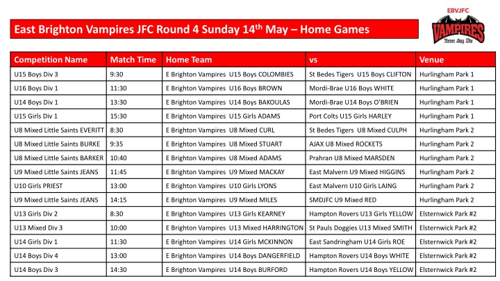 East Brighton Vampires JFC Home Games Schedule