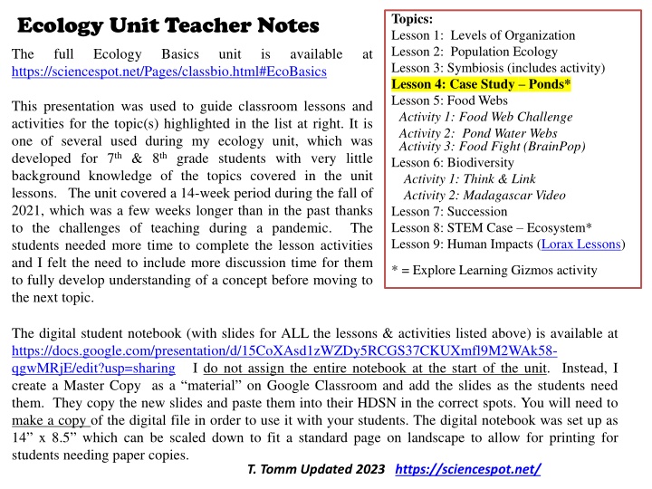 Comprehensive Ecology Unit for Middle School Students