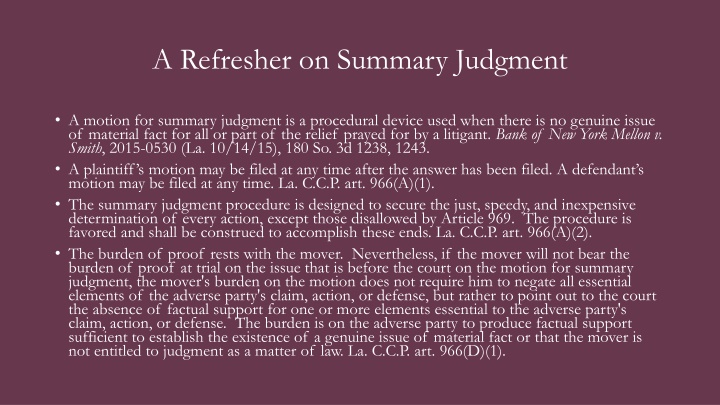 Summary Judgment in Louisiana Courts