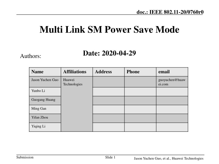 IEEE 802.11-20/0760r0 Multi-Link Power Save Mode Extension