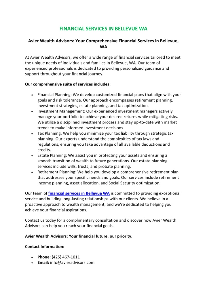 financial services in bellevue wa n.w