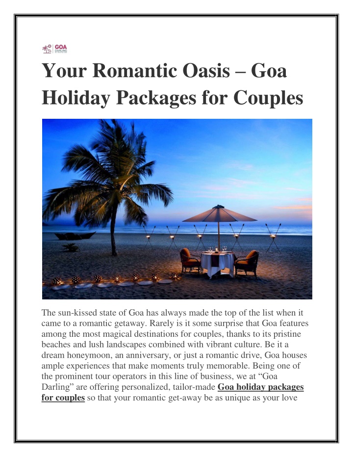 your romantic oasis goa holiday packages n.w