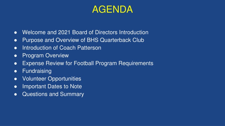 BHS Quarterback Club 2021 Board Meeting Agenda