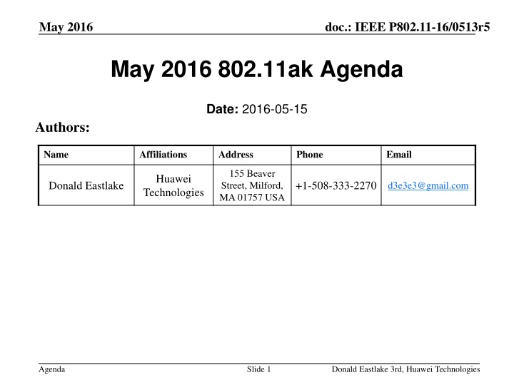 IEEE P802.11-16/0513r5 Meeting Agenda Summary