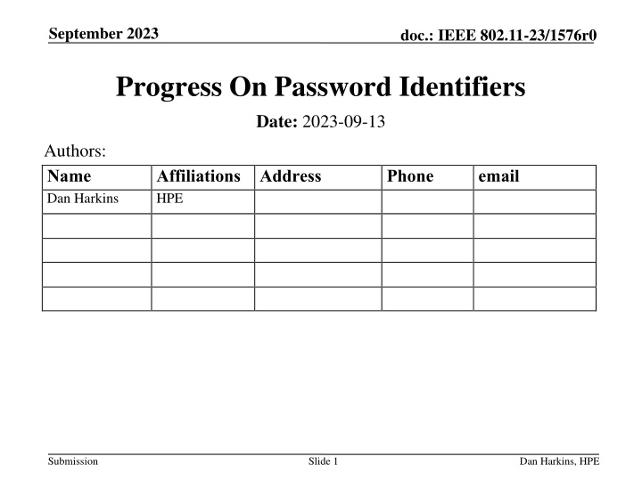 Progress on IEEE 802.11-23/1576r0 Password Identifiers