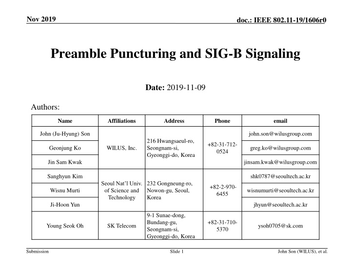 IEEE 802.11-19/1606r0 Preamble Puncturing and SIG-B Signaling