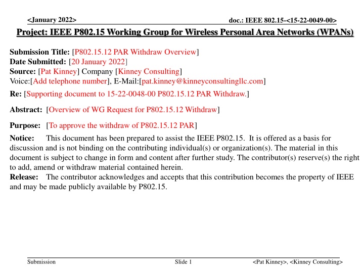 IEEE Withdrawal of P802.15.12 PAR - Overview and Reasons