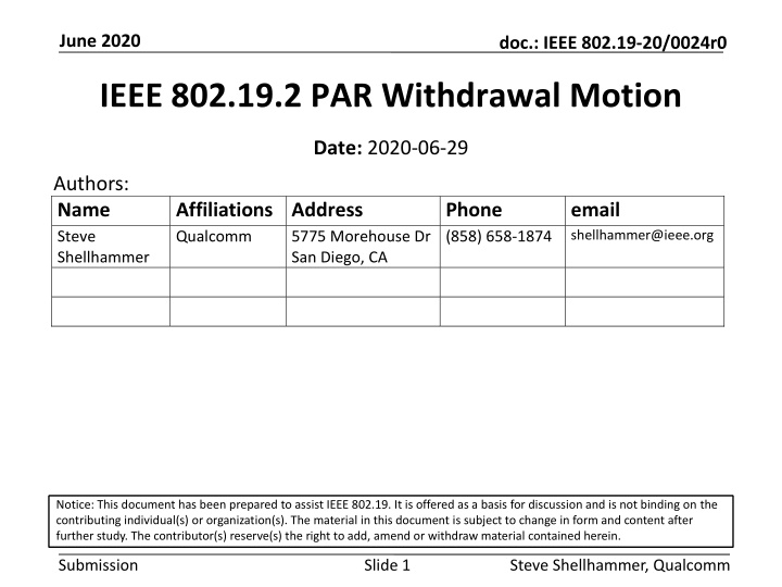 IEEE 802.19 PAR Withdrawal Motion - June 2020 Update